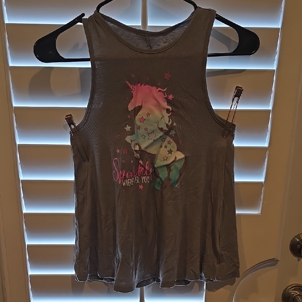 Gray Unicorn Tank Top with Pink and Blue Accents